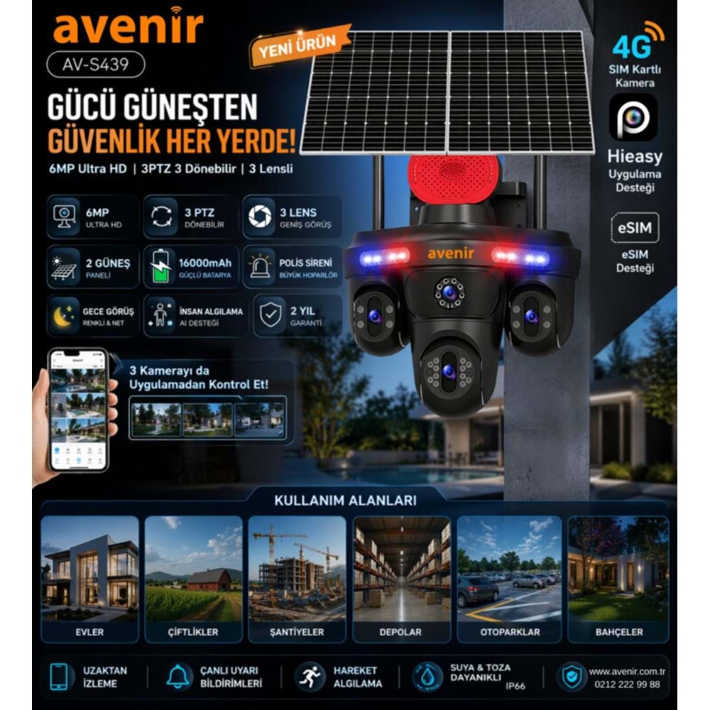 AVENİR AV-S439 3 KAMERALI 3PTZ SİM KARTLI AOV 2 GÜNEŞ PANELLİ SOLAR 6MP ESİM PTZ KAMERA
