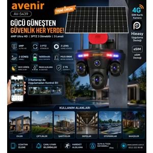 AVENİR AV-S439 3 KAMERALI 3PTZ SİM KARTLI AOV 2 GÜNEŞ PANELLİ SOLAR 6MP ESİM PTZ KAMERA