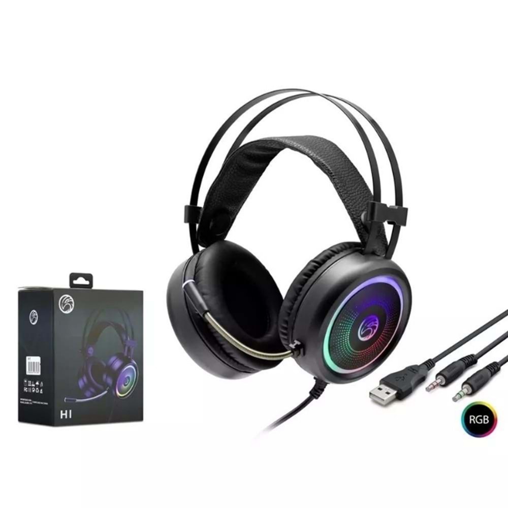HADRON H1 MİKROFONLU OYUNCU KULAKLIK PC RGB USB & AUX 3.5MM SİYAH
