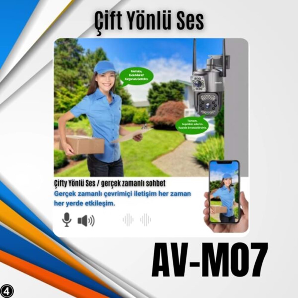 AVENİR AV-M07 4MP (2*2MP) 2 KAMERALI 4G SİM KARTLI IP PTZ KAMERA V380 PRO APP